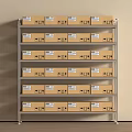 Metal Shelving Unit With Multiple Layers Holding Labeled Cardboard Boxes