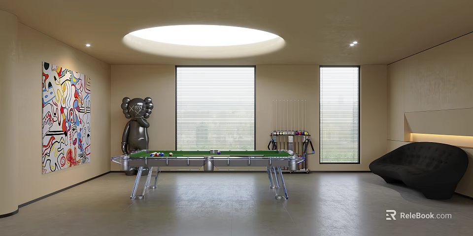 Modern Billiard Room Interior With Green Felt Table Window Blinds And Decorative Sculpture 3d model 