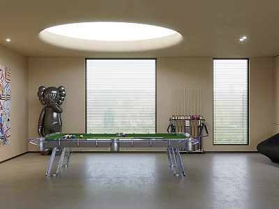 Modern Billiard Room Interior With Green Felt Table Window Blinds And Decorative Sculpture 3d model
