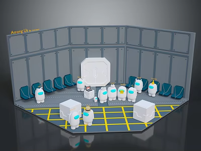 Indoor Simulation Pod Interior With White Robots Blue Seats And Yellow Line Floor 3d model