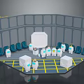 Indoor Simulation Pod Interior With White Robots Blue Seats And Yellow Line Floor 3d model