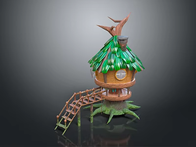 European Architecture Treehouse with Green Thatched Roof Round Window and Wooden Ladder Supports 3d model