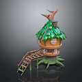 European Architecture Treehouse with Green Thatched Roof Round Window and Wooden Ladder Supports