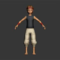 Game Character With Red Hair Blue Tank Top White Baggy Pants And Red Wristbands