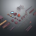 Assorted Decorative Ornament Set With Wooden Shelf Table Containers And Tools 3d model