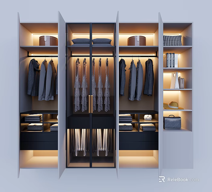 Modern Wardrobe Interior With Hanging Clothes Folded Garments Drawers And Lighting 3d model 
