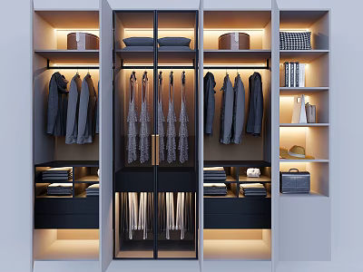 Modern Wardrobe Interior With Hanging Clothes Folded Garments Drawers And Lighting 3d model