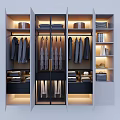 Modern Wardrobe Interior With Hanging Clothes Folded Garments Drawers And Lighting