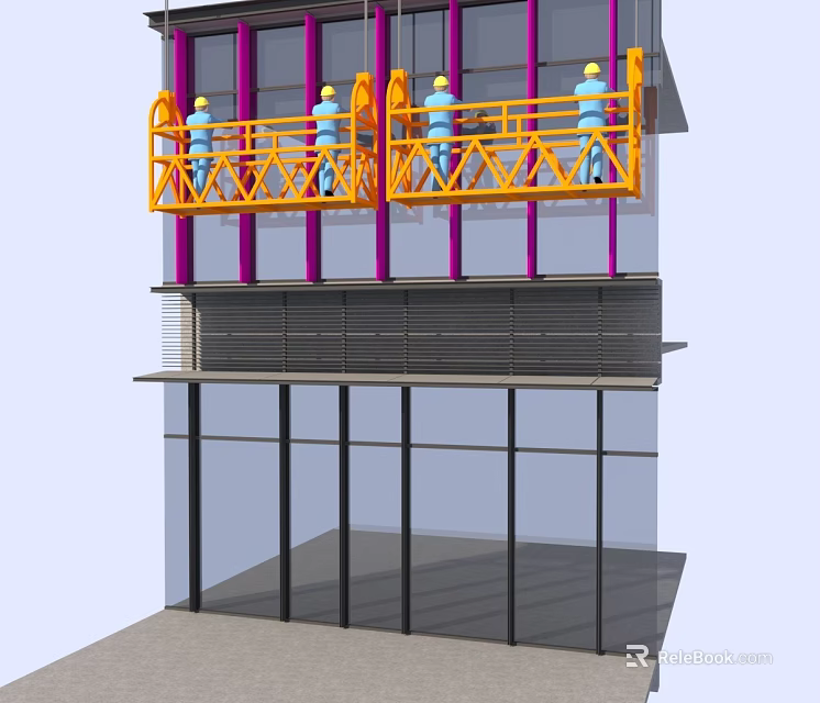 Construction Workers On Orange Suspended Platforms Working On Building With Glass Curtain Walls 3d model 