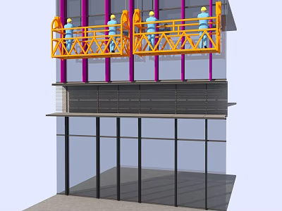 Construction Workers On Orange Suspended Platforms Working On Building With Glass Curtain Walls 3d model