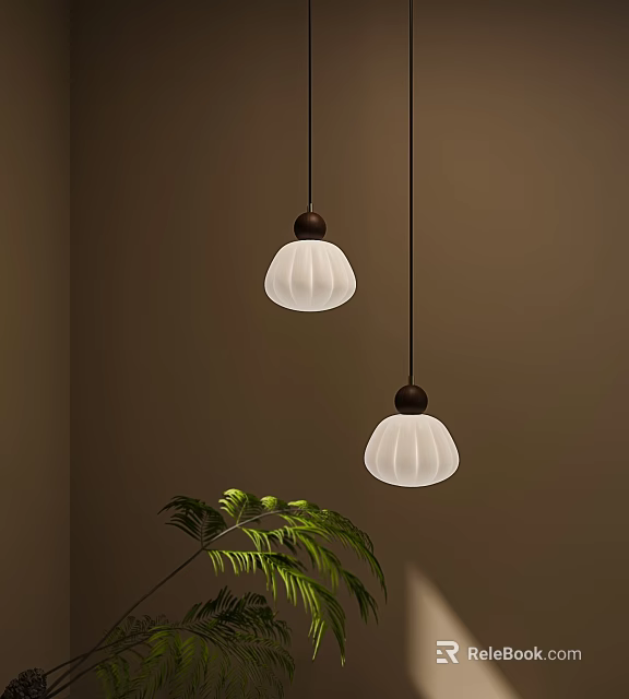 Modern Pendant Lights With White Textured Shades Brown Bases And Green Plant On Dark Wall 3d model 