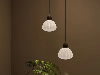 Modern Pendant Lights With White Textured Shades Brown Bases And Green Plant On Dark Wall 3d model