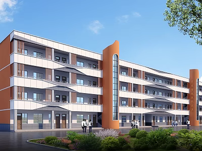 Modern Multistory School Building With Orange And White Exterior Green Landscaping And Pedestrians 3d model