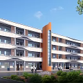 Modern Multistory School Building With Orange And White Exterior Green Landscaping And Pedestrians