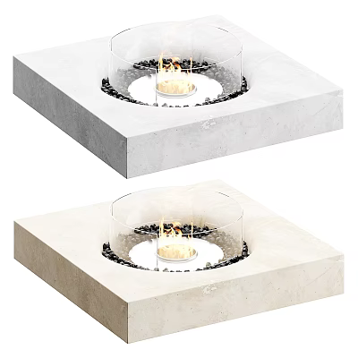 Modern Square Fireplace With Stone Material Black Pebbles And Transparent Glass Cover Burning Flame 3d model