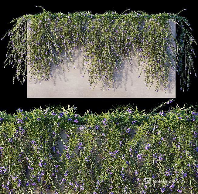 Lush Living Plant Wall With Hanging Greenery And Purple Flower Decorations 3d model 