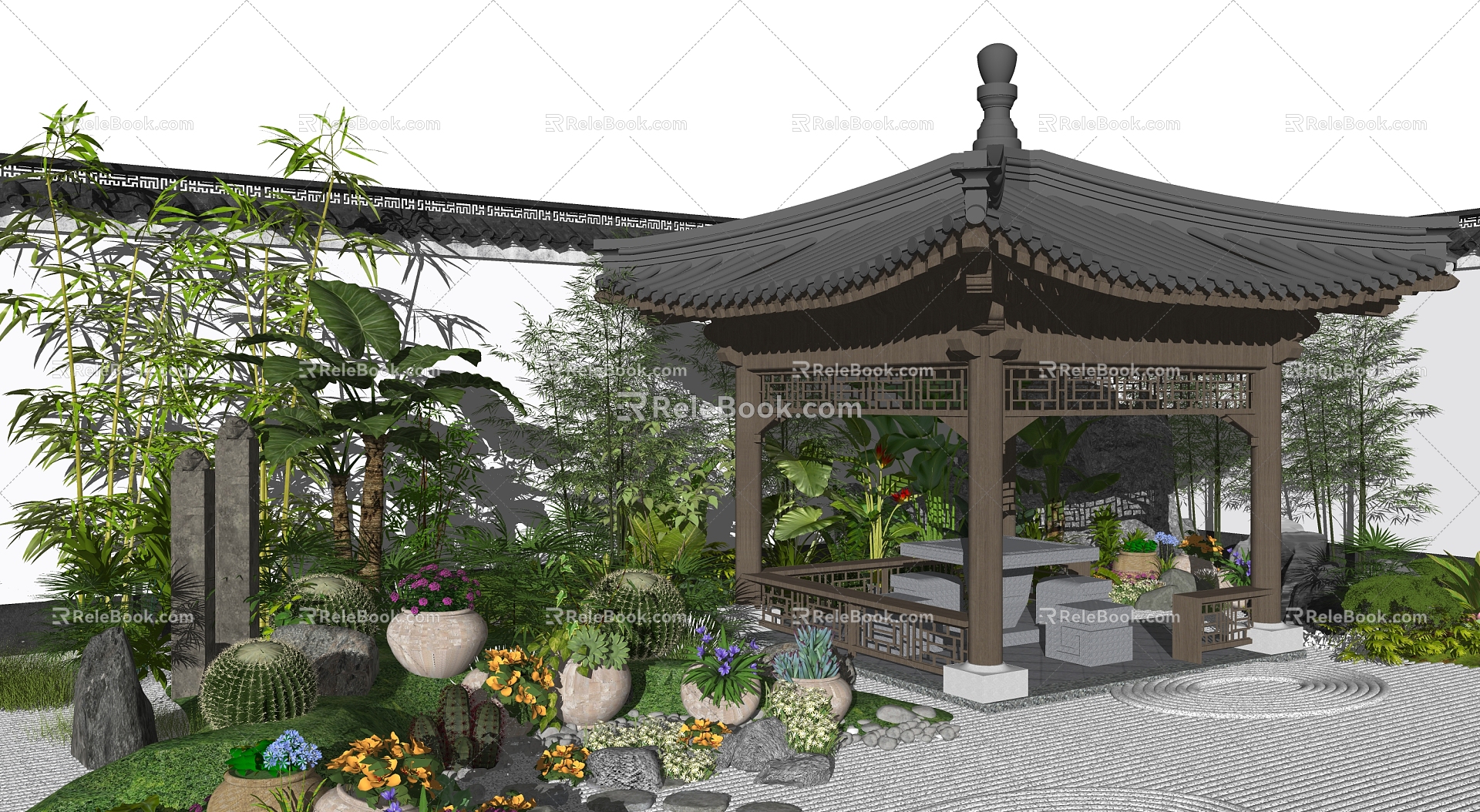 New Chinese style landscape sketch courtyard landscape sketch rockery stone plant shrub model