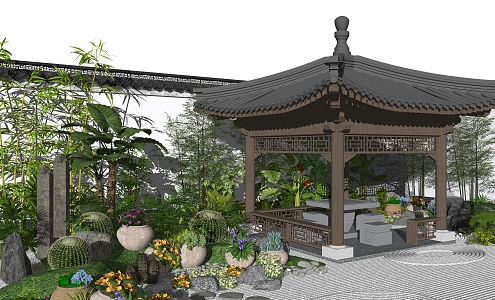 New Chinese style landscape sketch courtyard landscape sketch rockery stone plant shrub 3d model