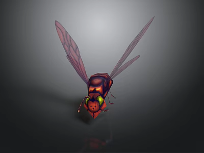3D Rendered Insect Model With Red Black Body Green Eyes Transparent Wings And Dark Background 3d model