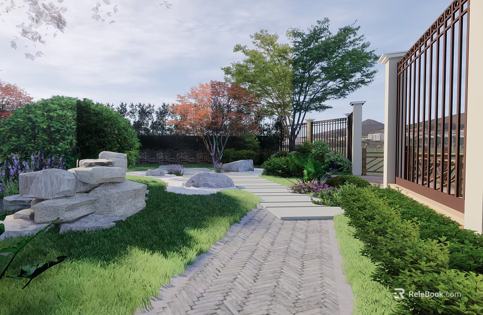 Beautiful Garden Landscape With Stone Pathway Lawn Rocks Colorful Trees Wrought Iron Gate And Bushes 3d model 