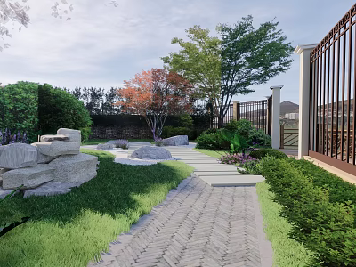 Beautiful Garden Landscape With Stone Pathway Lawn Rocks Colorful Trees Wrought Iron Gate And Bushes 3d model