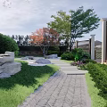 Beautiful Garden Landscape With Stone Pathway Lawn Rocks Colorful Trees Wrought Iron Gate And Bushes