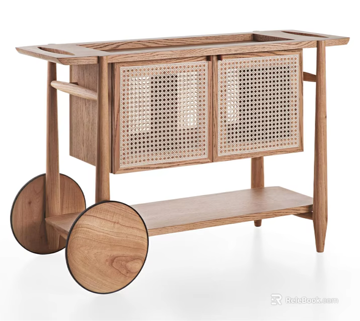 Natural Wooden Console Side Cabinet With Rattan Doors Open Shelf And Wheels 3d model 