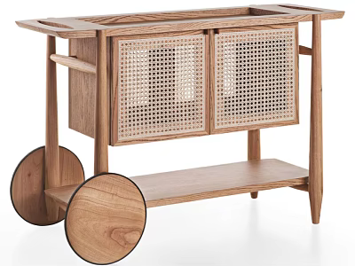 Natural Wooden Console Side Cabinet With Rattan Doors Open Shelf And Wheels 3d model