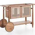 Natural Wooden Console Side Cabinet With Rattan Doors Open Shelf And Wheels