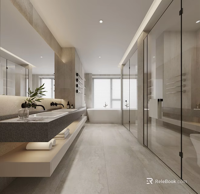 Modern Bathroom Interior With Marble Countertop Double Sinks Glass Shower And Bathtub 3d model 