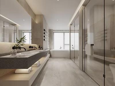 Modern Bathroom Interior With Marble Countertop Double Sinks Glass Shower And Bathtub 3d model