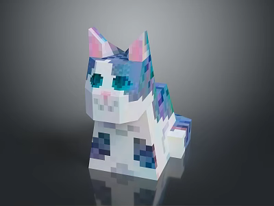 Colorful Pixel Art Cat Sculpture With Blue Purple White Fur And Shiny Reflection 3d model