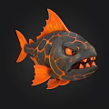 Fantasy 3D Fish Model With Black Orange Scales And Sharp Teeth 3d model