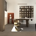 Modern Office Interior With Wooden Partition Bookshelf Desk Sculpture And Red Accent Wall