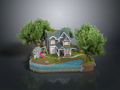 Scenic Rural Landscape With Gray House Tall Green Trees And Calm Blue Water 3d model