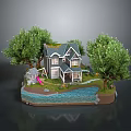 Scenic Rural Landscape With Gray House Tall Green Trees And Calm Blue Water