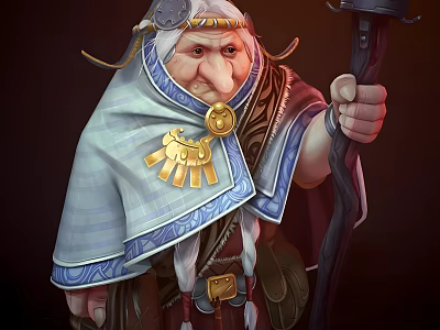 Fantasy Game Elder Character in Blue White Cloak with Golden Ornaments and Wooden Staff 3d model