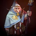 Fantasy Game Elder Character in Blue White Cloak with Golden Ornaments and Wooden Staff