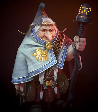Fantasy Game Elder Character in Blue White Cloak with Golden Ornaments and Wooden Staff 3d model