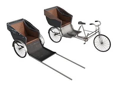 Two Classic Rickshaw Models With Wooden Seats Metal Frames And Wheels 3d model