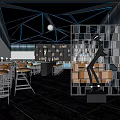 Modern Bar Interior Design With Geometric Ceiling Blue Lighting Bar Counter And Sculpture
