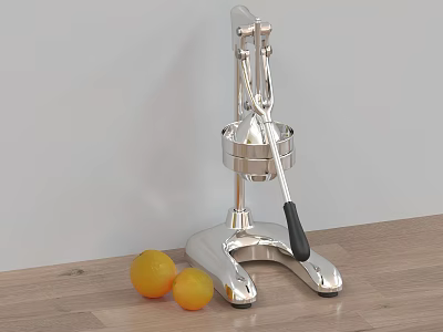 Silver Manual Juicer Kitchen Appliance With Fresh Oranges On Wooden Countertop And Black Handle 3d model