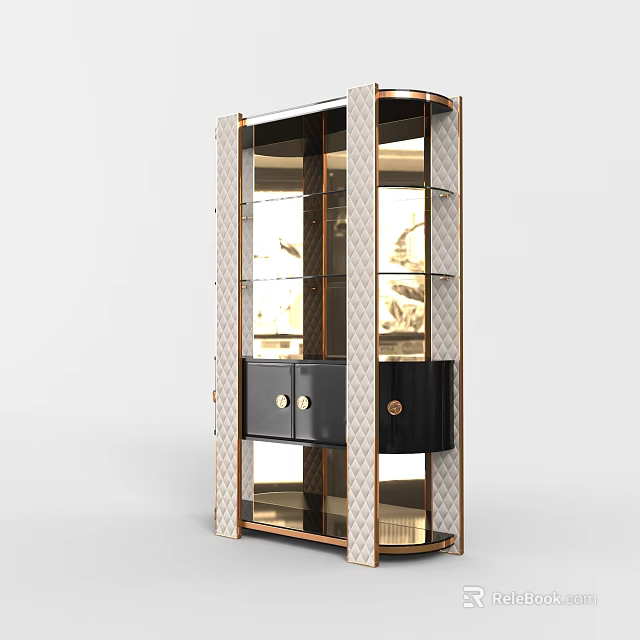 Modern Wine Cabinet With Glass Doors Gold Metal Frame And Black Storage 3d model 