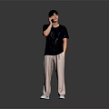 A Man Talking on Phone in Black T-Shirt Beige Pants White Shoes Against Grey Background 3d model