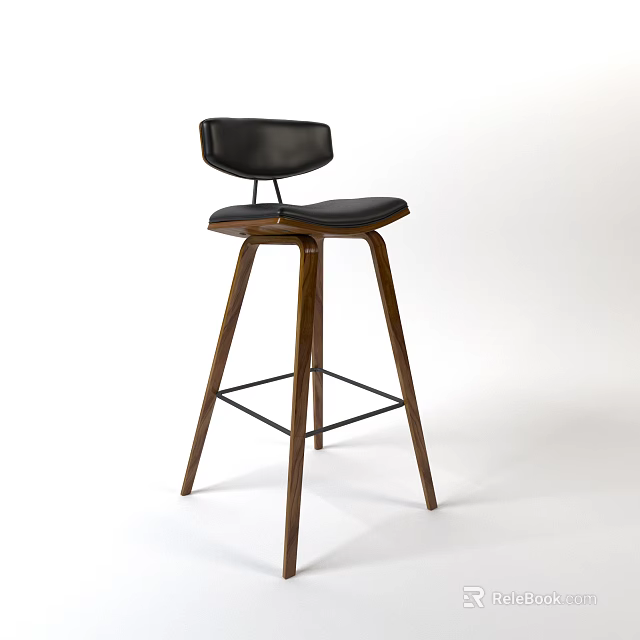 Modern Bar Stool With Black Leather Seat Backrest And Wooden Legs Design 3d model 