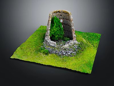 Whimsical Cartoon Scene With Stone Ruin Green Grass And Small Tree 3d model