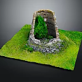 Whimsical Cartoon Scene With Stone Ruin Green Grass And Small Tree