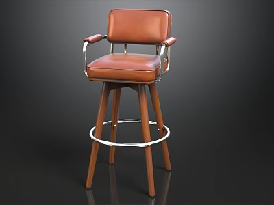 Brown Leather Bar Stool With Metal Armrests And Wooden Legs Design 3d model