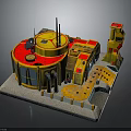 3D Architectural Model Circular Building with Yellow Red Exterior Antennas Adjacent Tower and Platform Base