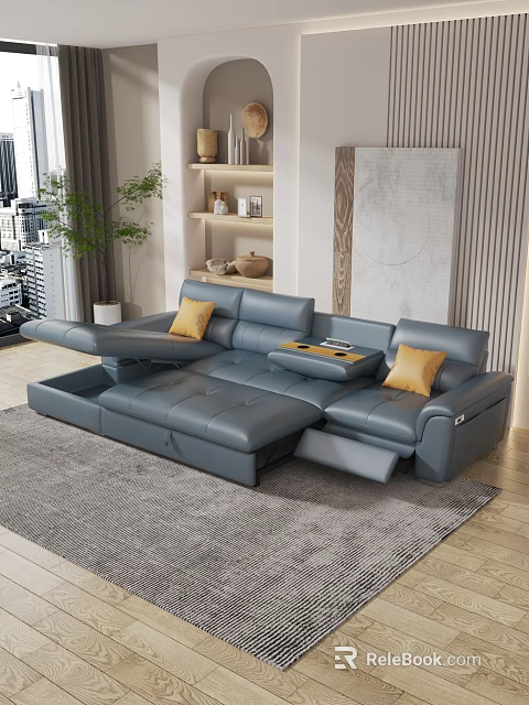 Gray Reclining Sectional Sofa With Yellow Pillows And Center Tray Table 3d model 